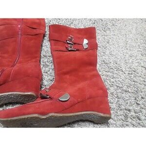 Boots Red Suede Leather Wedge Heel Buckle‎ Accents Mid-Calf Boots